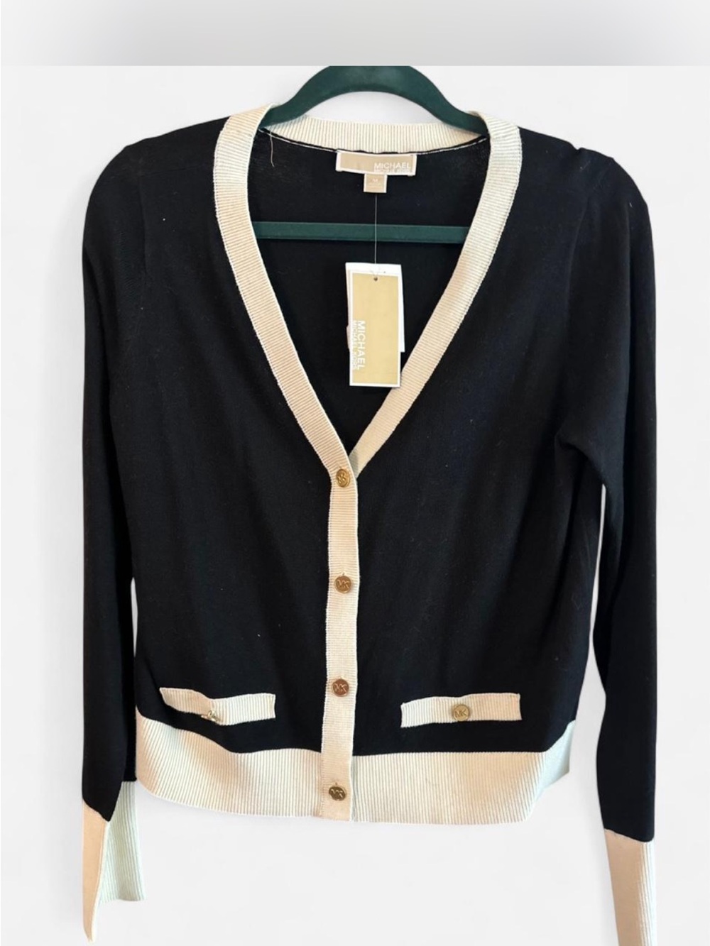Michael Kors Black and Cream Trim V-Neck Button Cardigan